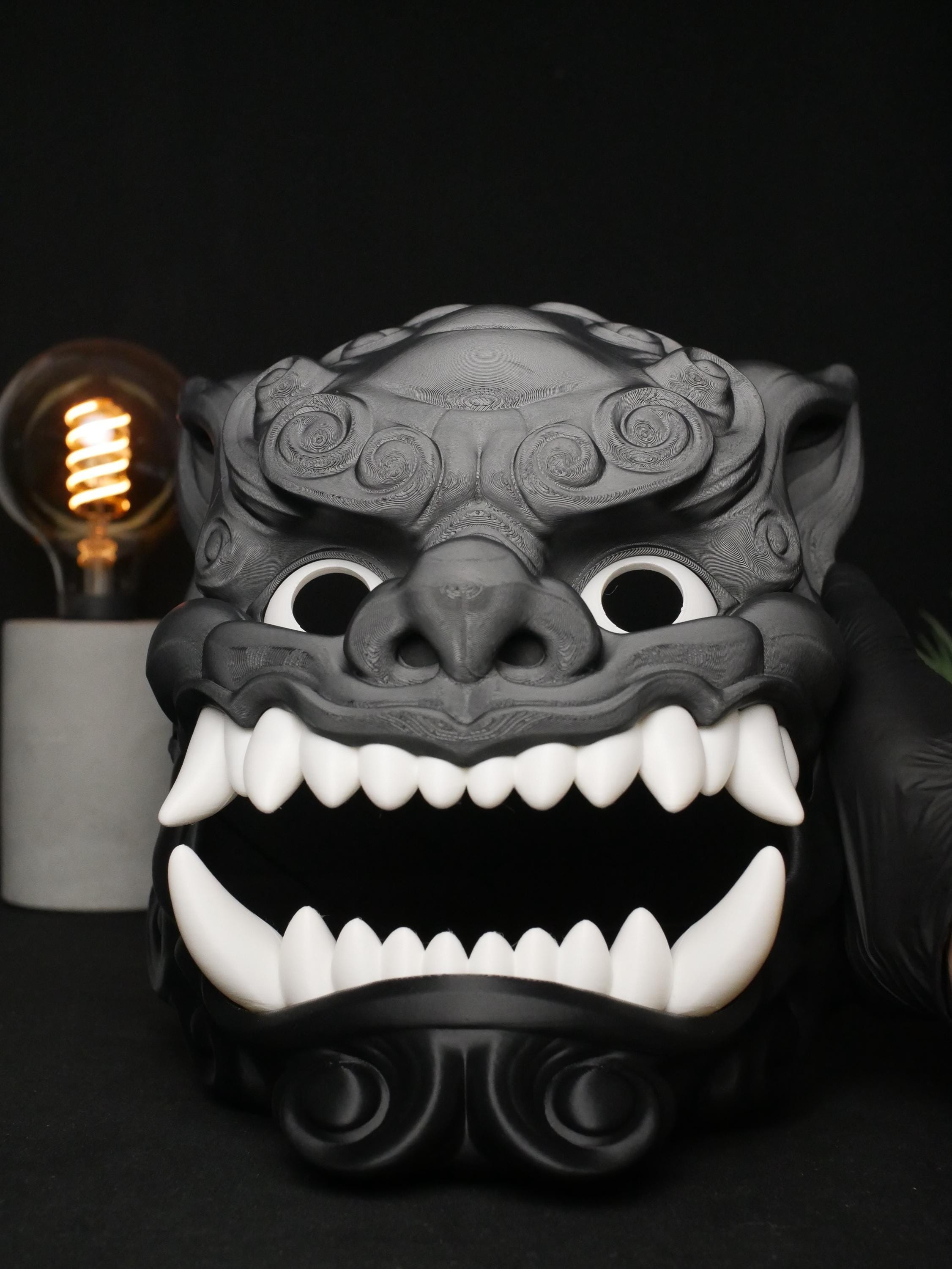 Máscara articulada de perro Foo, mandíbula móvil, color personalizable, oni shisa japonesa, disfraz de Halloween, regalo personalizado