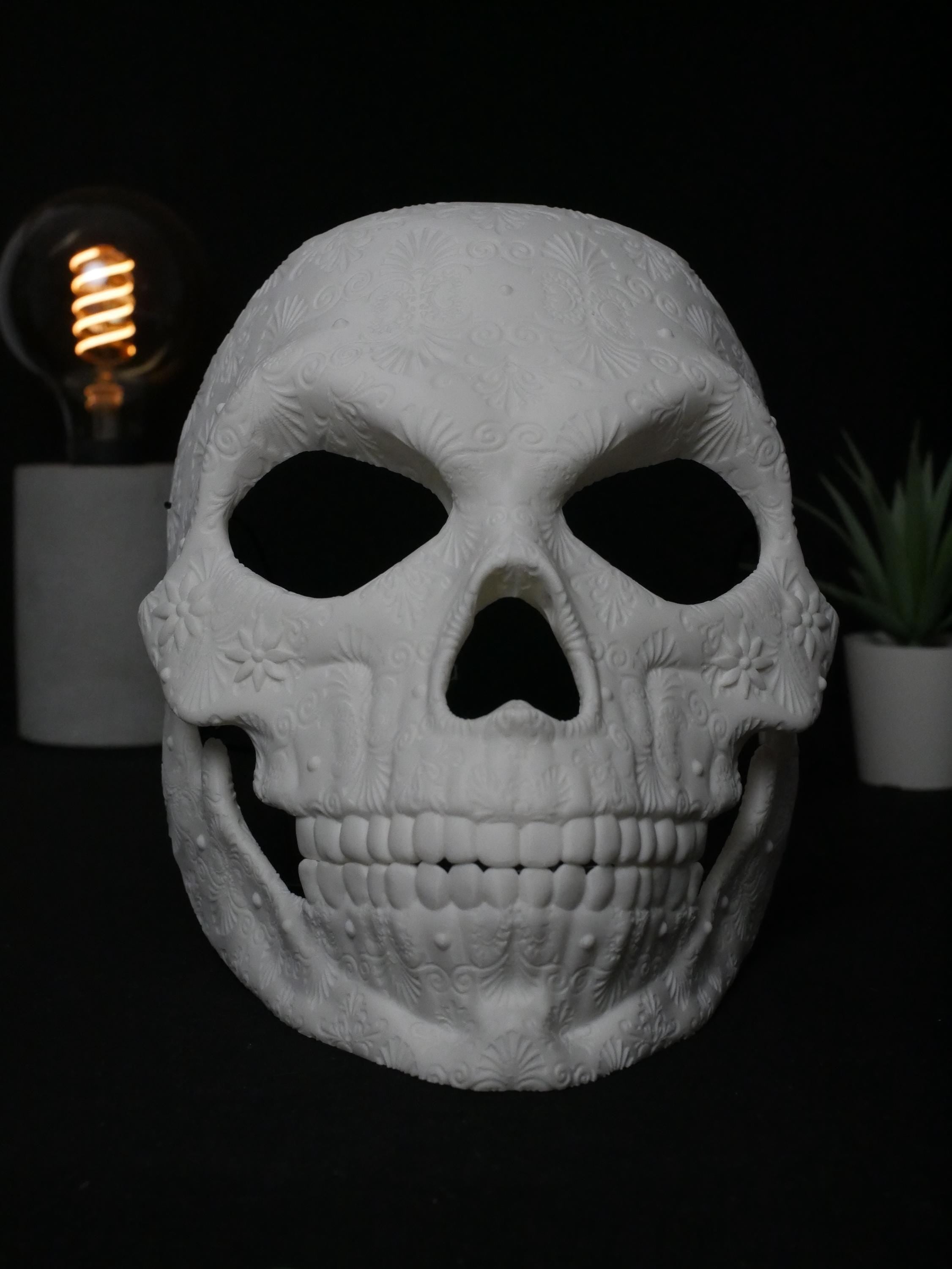 Máscara de calavera de azúcar para pintar, calavera del Día de Muertos, máscara de mascarada floral ornamentada, disfraz de Halloween DIY sin pintar, cabeza de calavera impresa en 3D