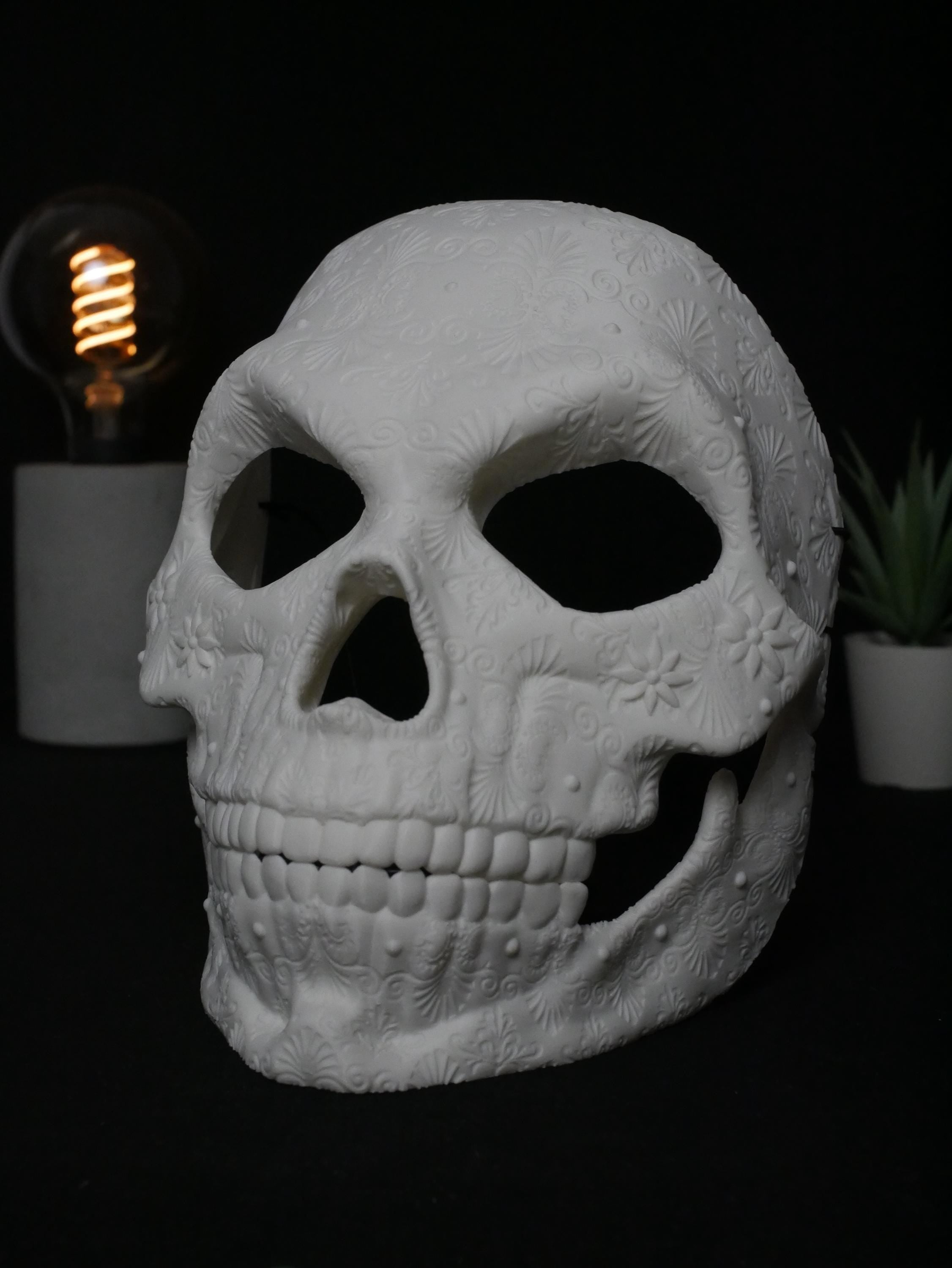 Máscara de calavera de azúcar para pintar, calavera del Día de Muertos, máscara de mascarada floral ornamentada, disfraz de Halloween DIY sin pintar, cabeza de calavera impresa en 3D