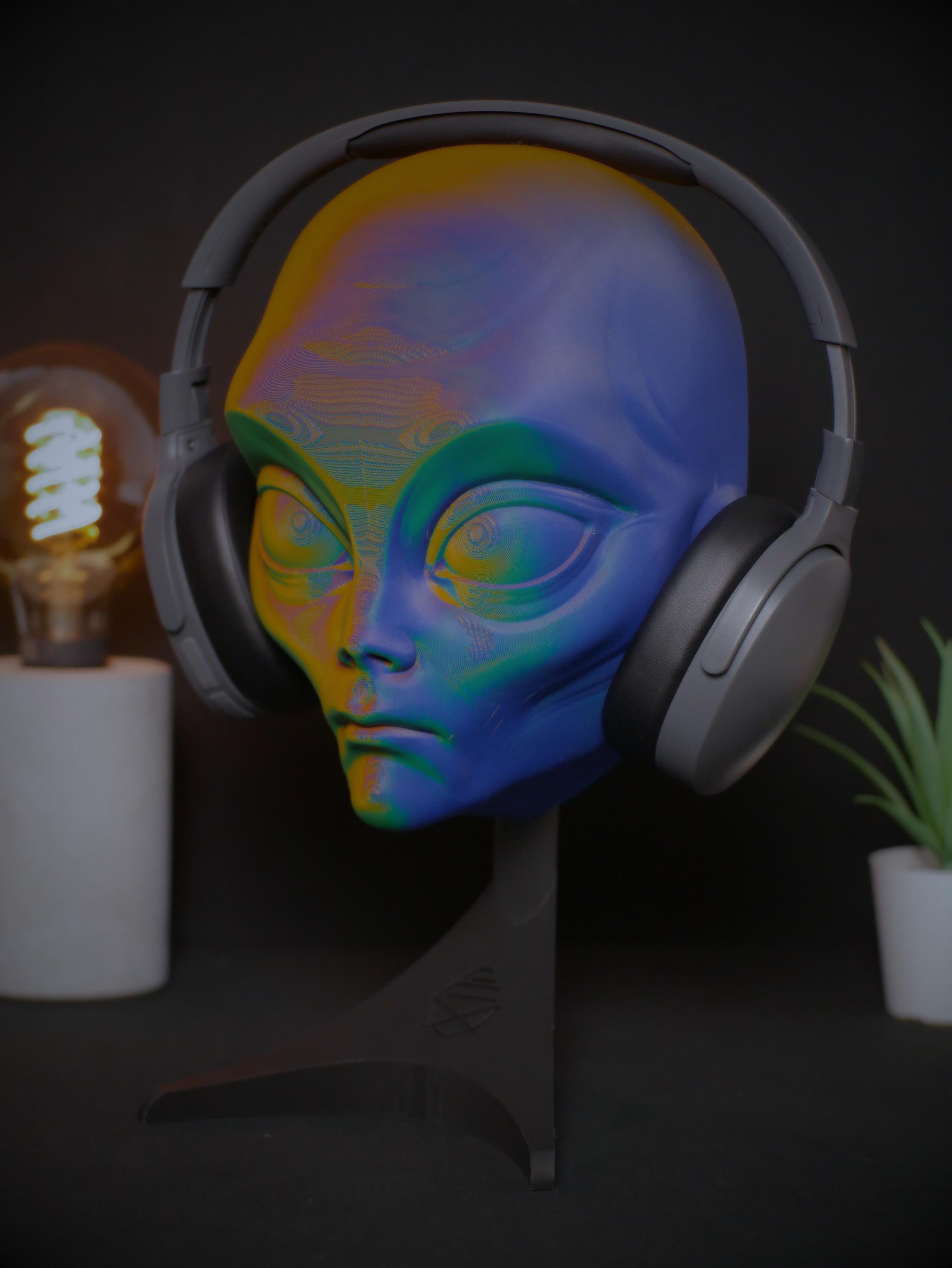 Soporte para auriculares con cabeza de extraterrestre, soporte para auriculares de escritorio, regalo para gamers de Battlestation, decoración de ciencia ficción, impresión 3D a color personalizada.