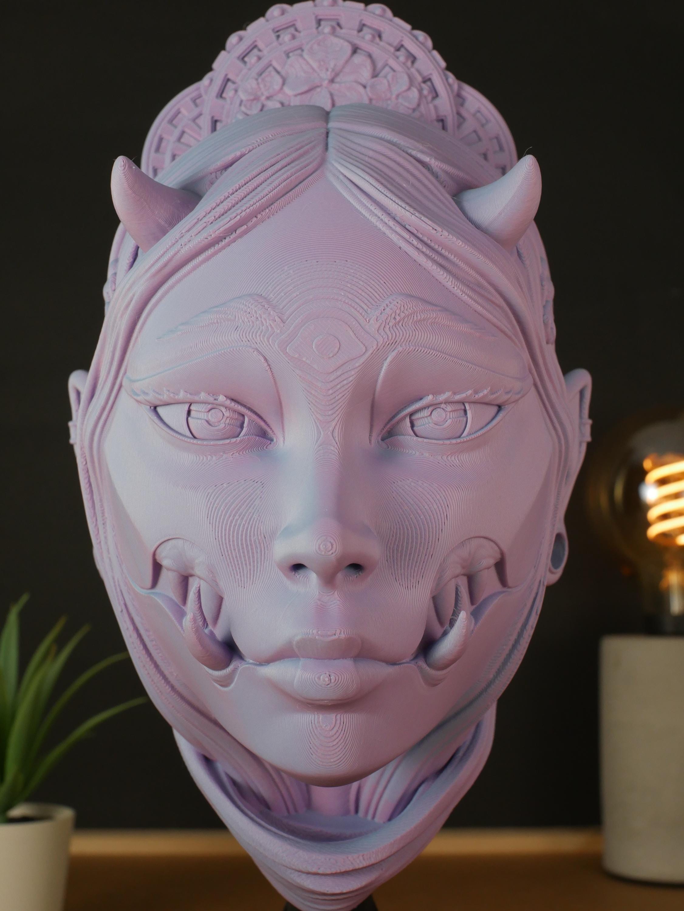 Busto de yokai japonés Kuchisake. Estatua para colgar en la pared o de escritorio. Decoración de demonio oni. Arte de terror gótico.