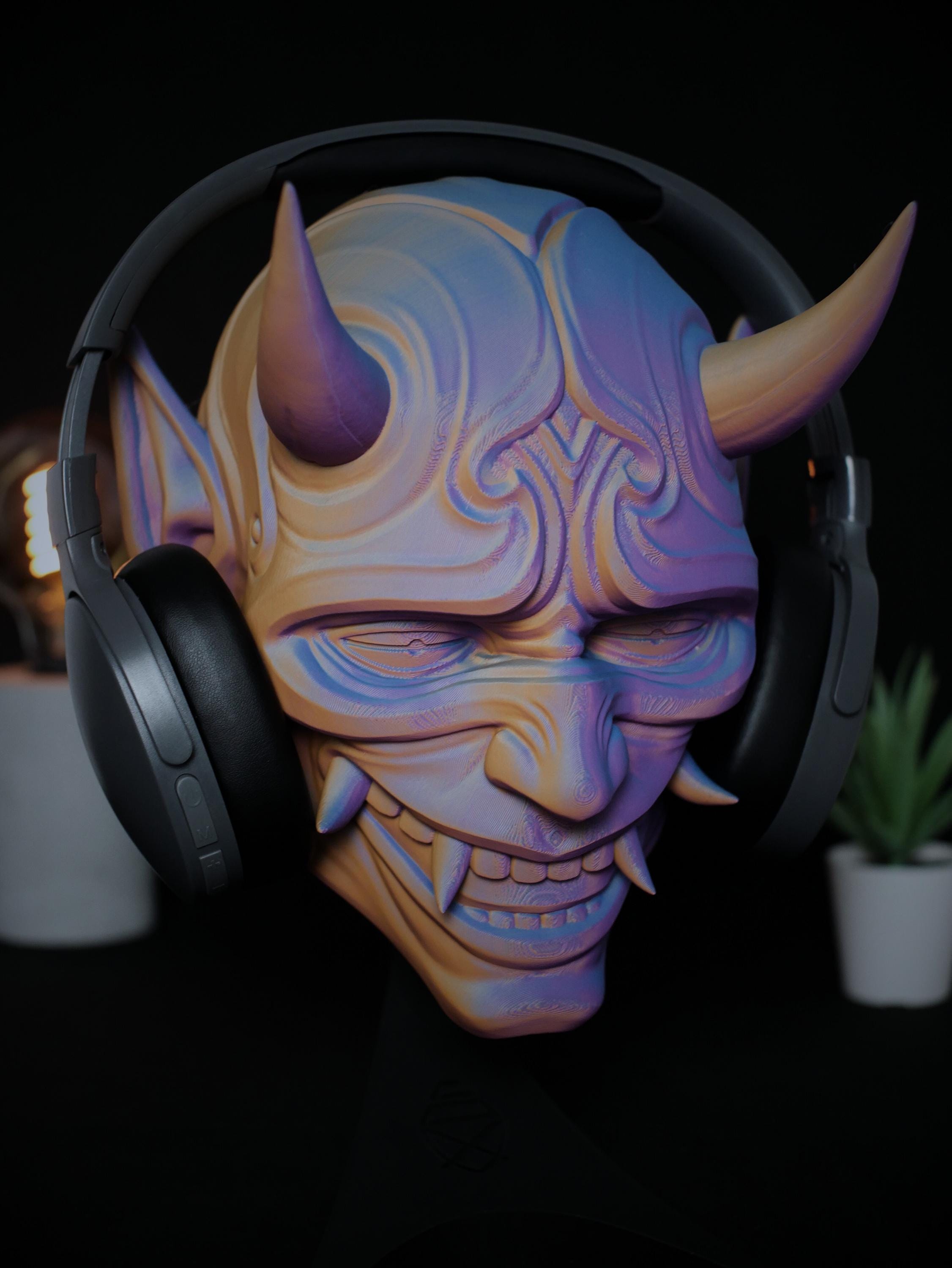 Soporte para auriculares ONI: organizador de oficina, soporte para auriculares de estudio, máscara japonesa ONI, incluye base (soporte de pared opcional) Regalo perfecto.