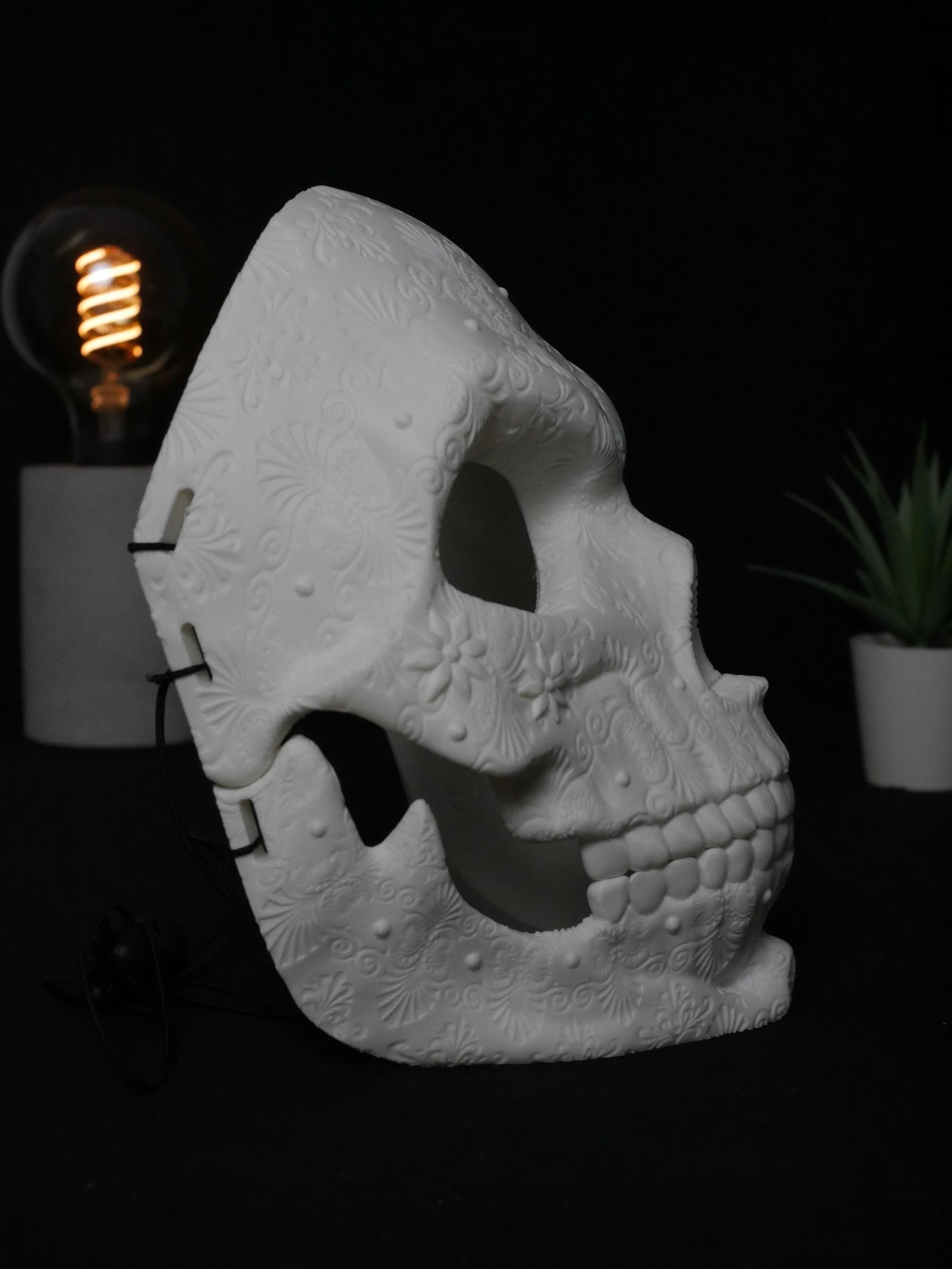 Máscara de calavera de azúcar para pintar, calavera del Día de Muertos, máscara de mascarada floral ornamentada, disfraz de Halloween DIY sin pintar, cabeza de calavera impresa en 3D