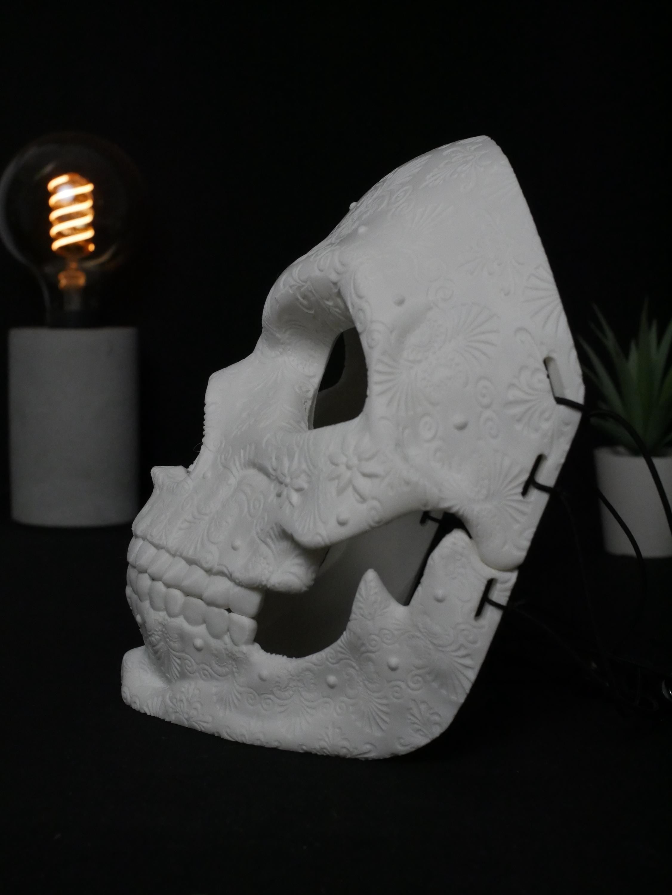 Máscara de calavera de azúcar para pintar, calavera del Día de Muertos, máscara de mascarada floral ornamentada, disfraz de Halloween DIY sin pintar, cabeza de calavera impresa en 3D