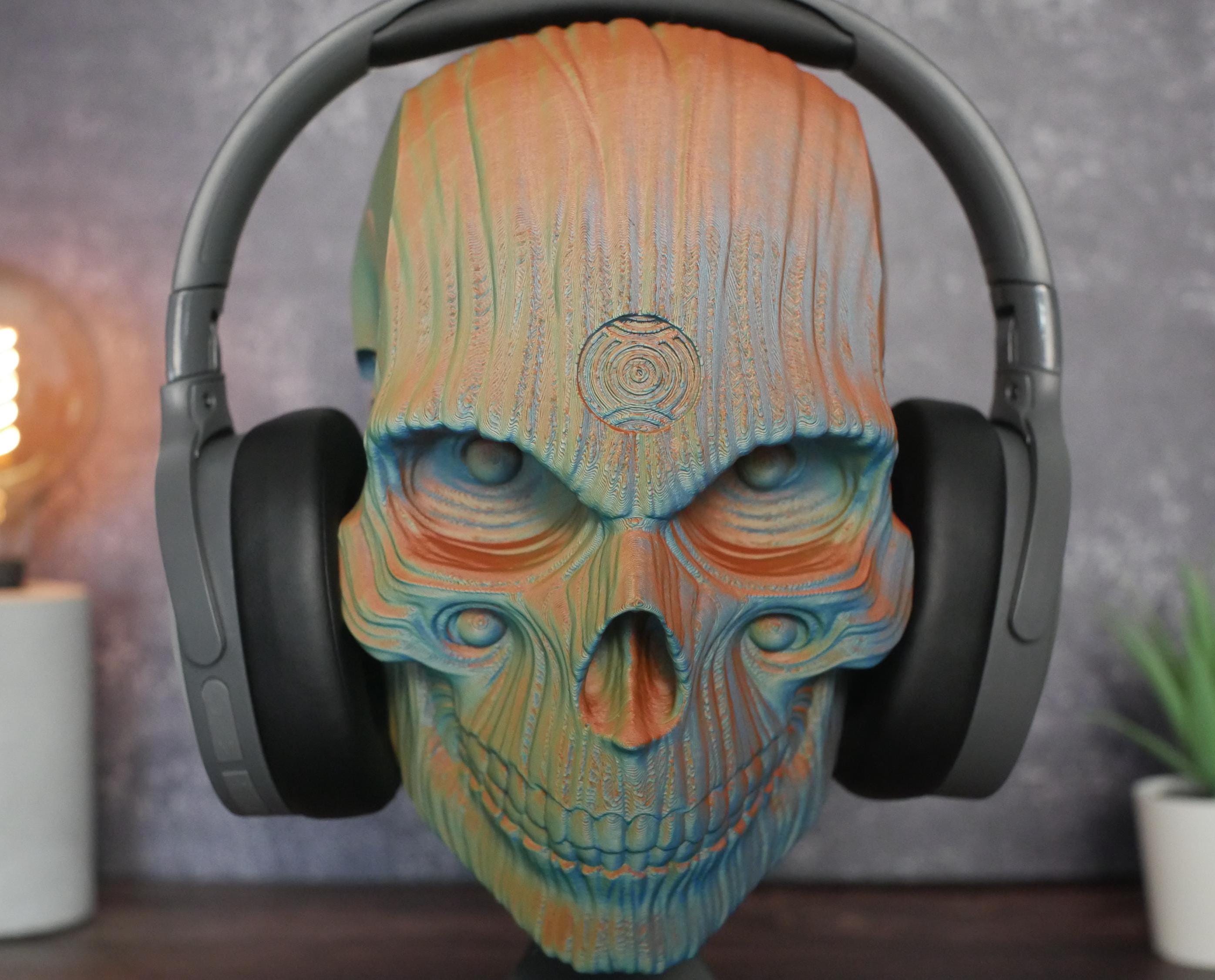 Soporte para auriculares con calavera de Holy Quin: decoración de oficina para videojuegos