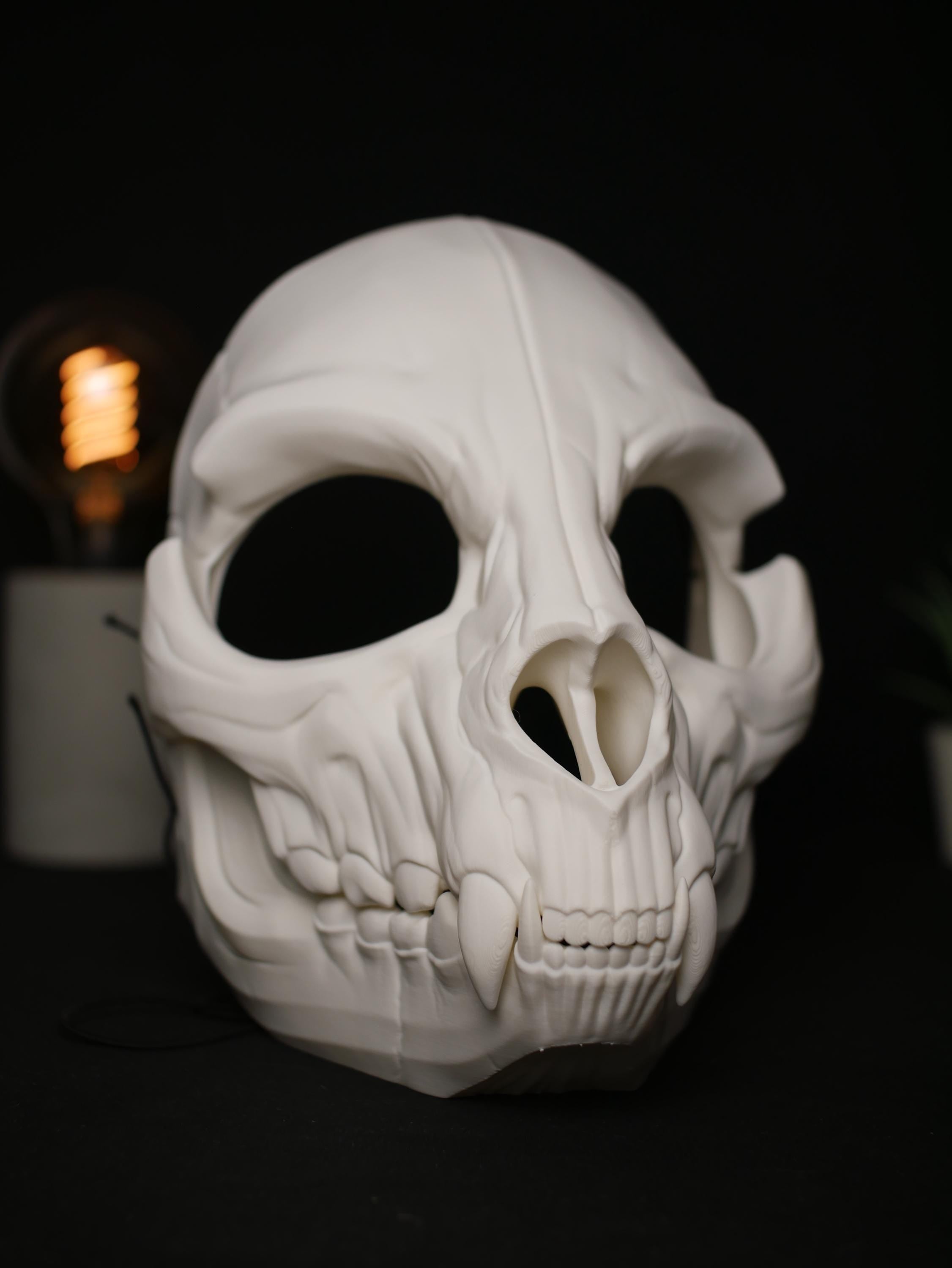 Máscara de calavera felina, mandíbula articulada móvil, gato, dientes de sable, cosplay, base de disfraz, máscara de Therian