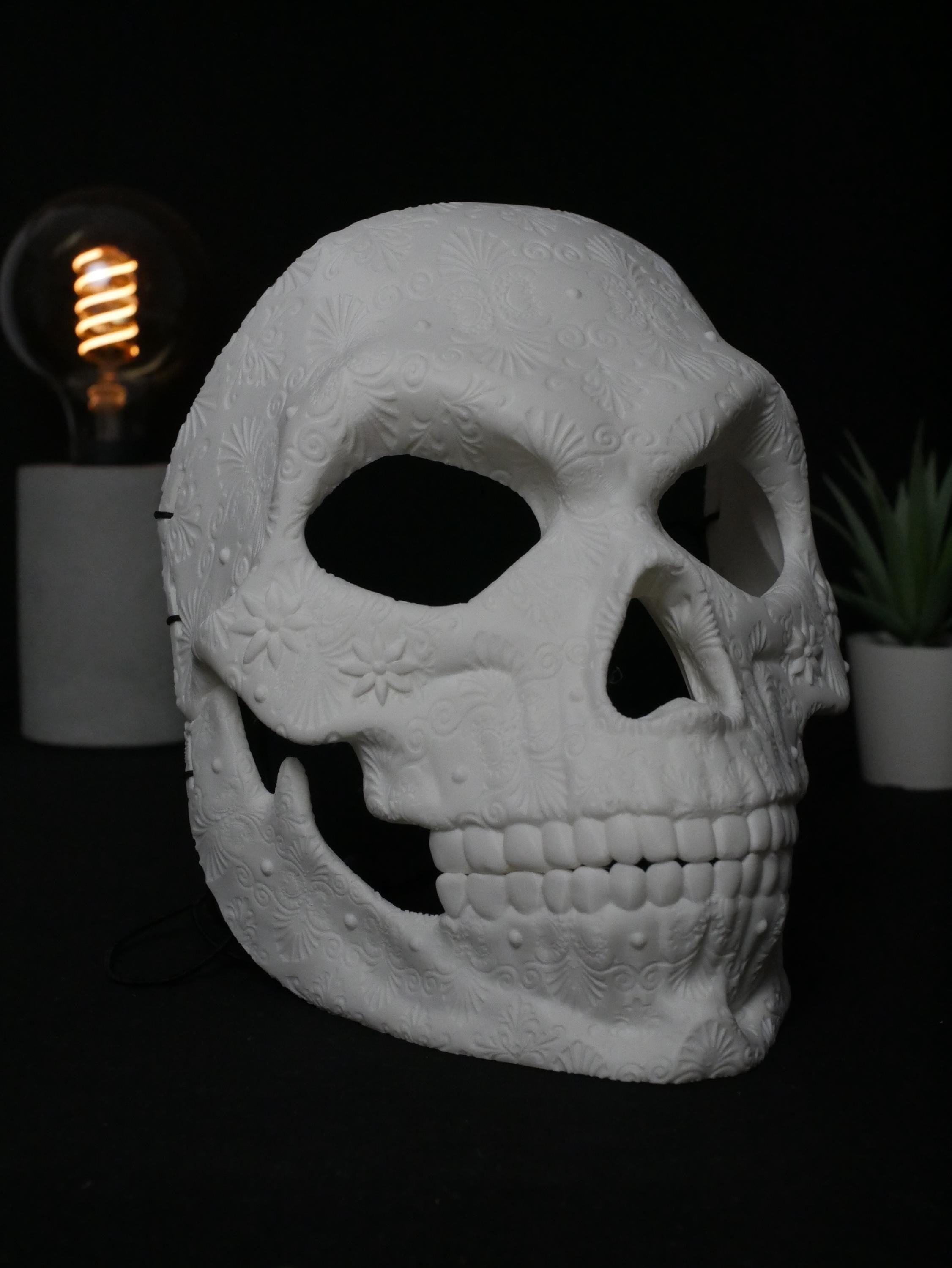Máscara de calavera de azúcar para pintar, calavera del Día de Muertos, máscara de mascarada floral ornamentada, disfraz de Halloween DIY sin pintar, cabeza de calavera impresa en 3D