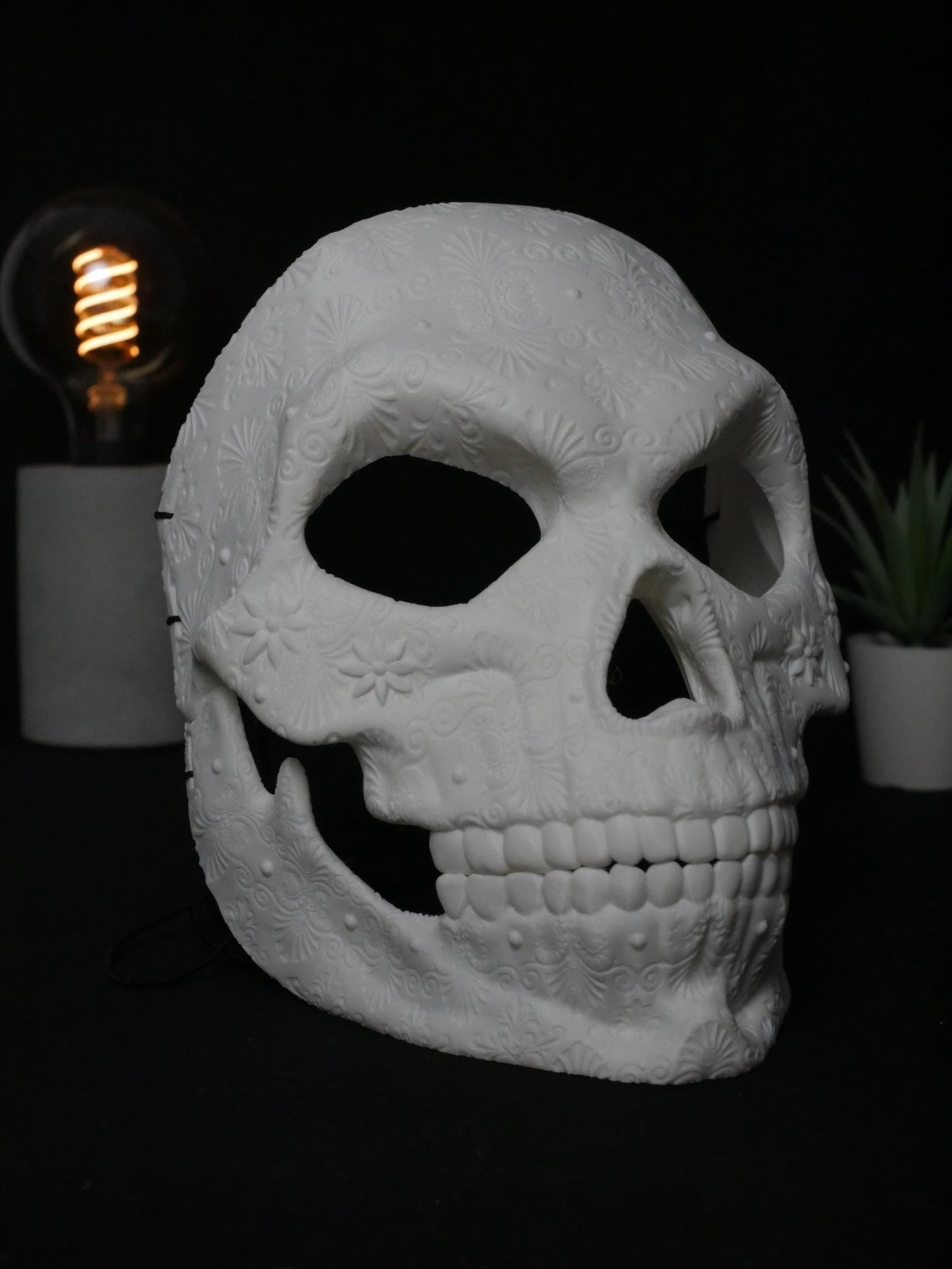Máscara de calavera de azúcar para pintar, calavera del Día de Muertos, máscara de mascarada floral ornamentada, disfraz de Halloween DIY sin pintar, cabeza de calavera impresa en 3D