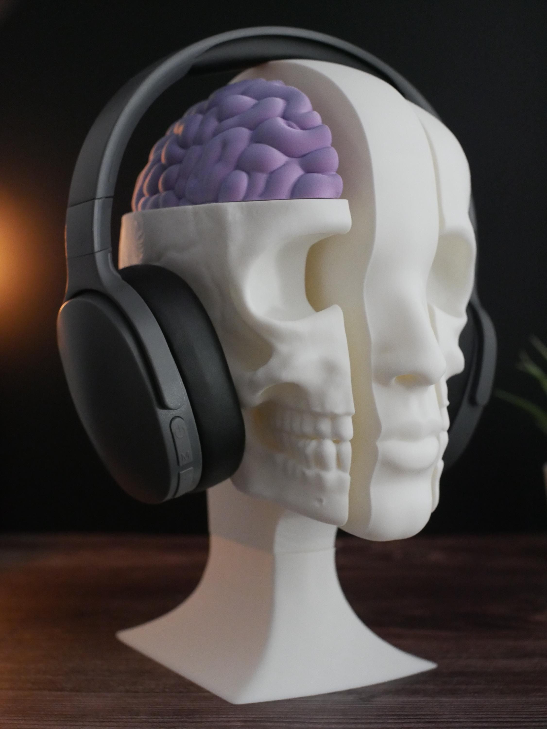 Expositor de calaveras para auriculares: un soporte único para auriculares de gaming, música y coleccionistas. Diseño resistente, elegante y compacto para cualquier configuración.
