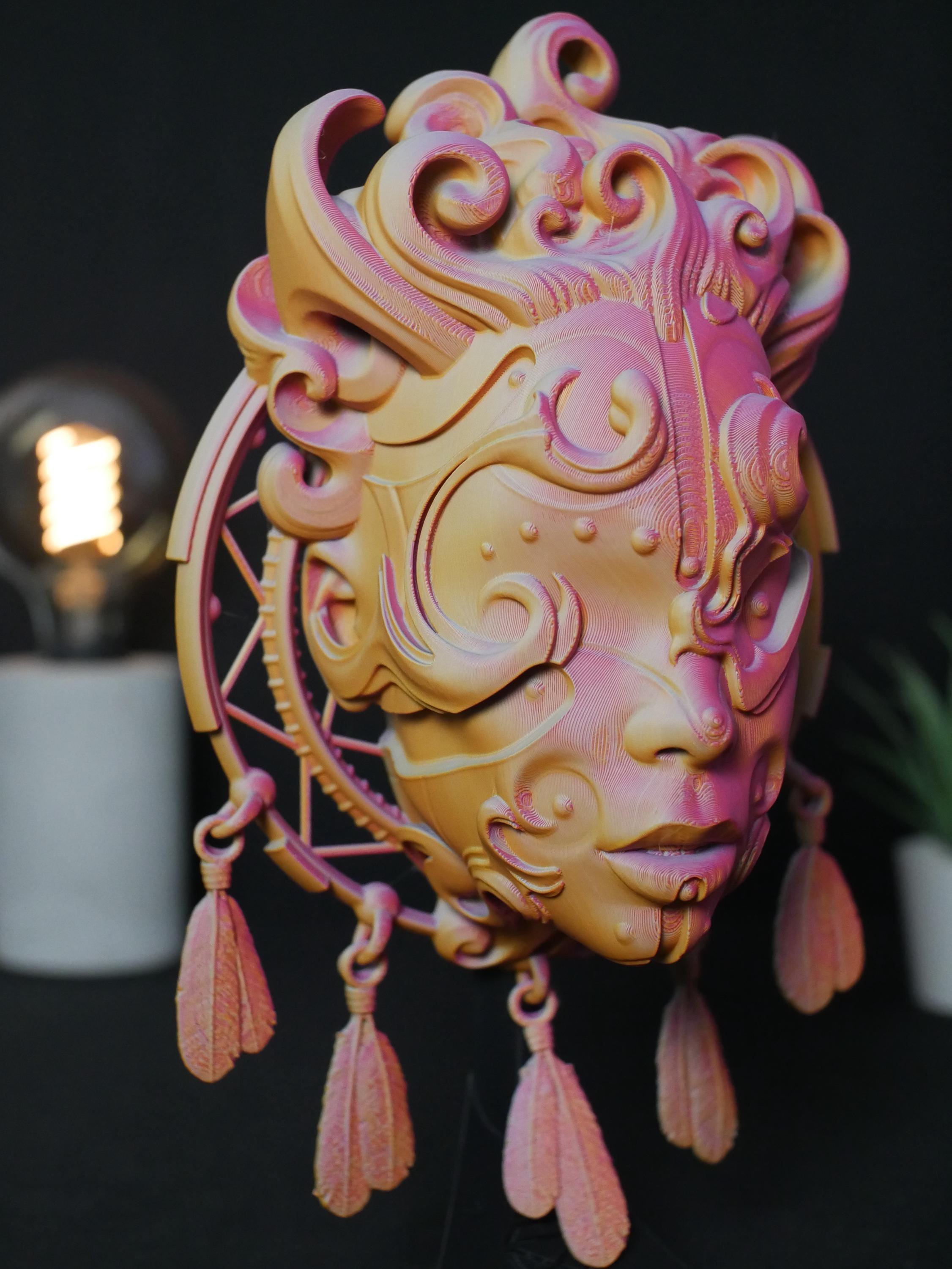 Máscara de atrapasueños impresa en 3D: Arte mural de la diosa celestial