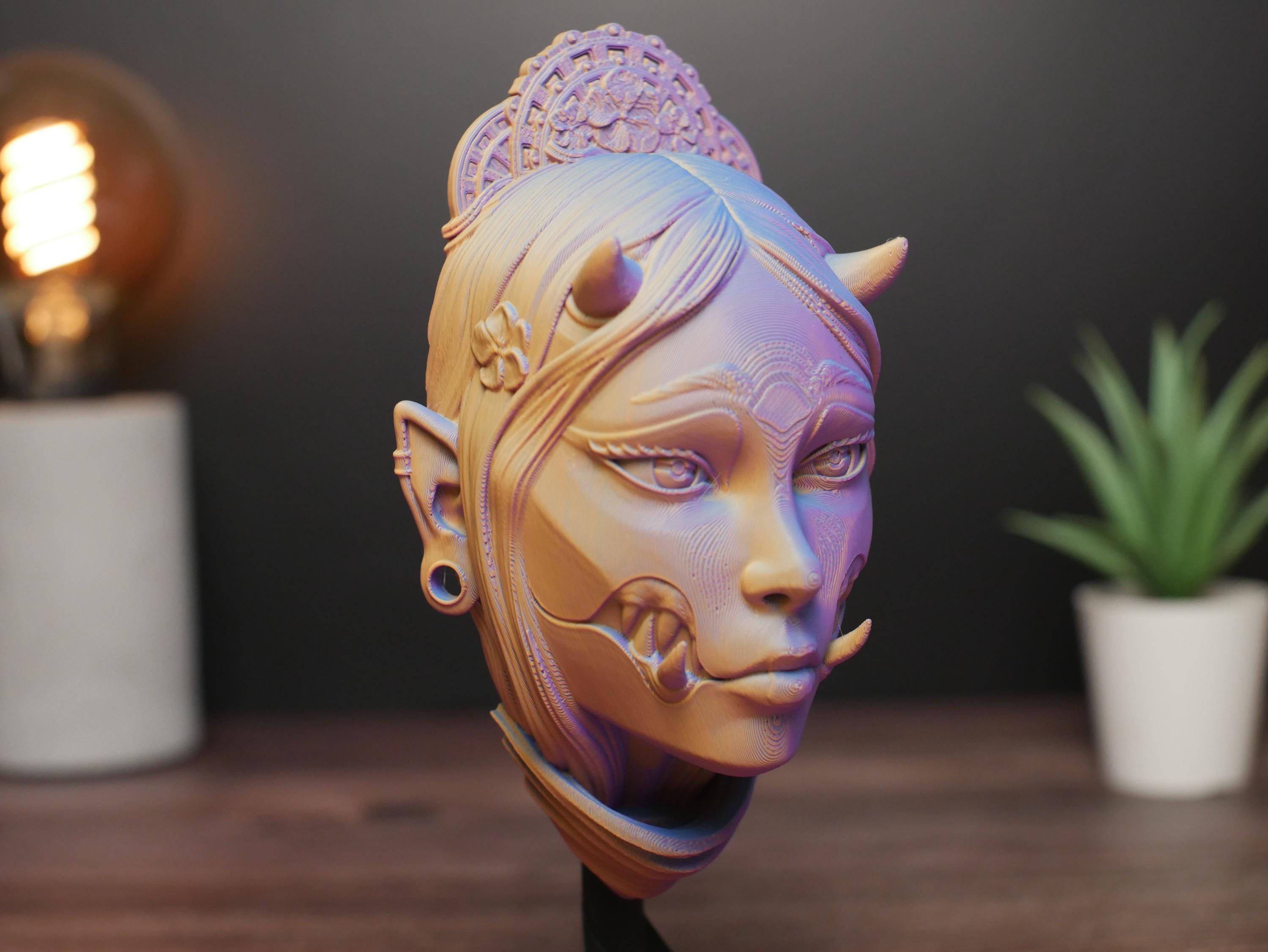 Busto de yokai japonés Kuchisake. Estatua para colgar en la pared o de escritorio. Decoración de demonio oni. Arte de terror gótico.