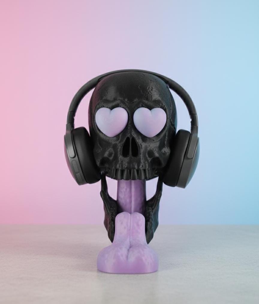 Soporte para auriculares con forma de calavera, decoración de calavera con ojos de corazón, soporte único para auriculares de sala de juegos, regalo de estética alternativa, accesorio de escritorio