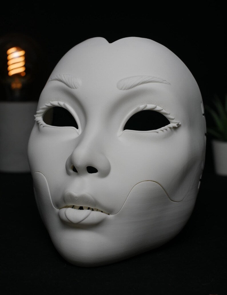 Máscara Cosplay Geisha Articulada - Mandíbula Móvil Teatral y Anime - Estilo Kitsune Noh - Máscara Fantasía Personalizable