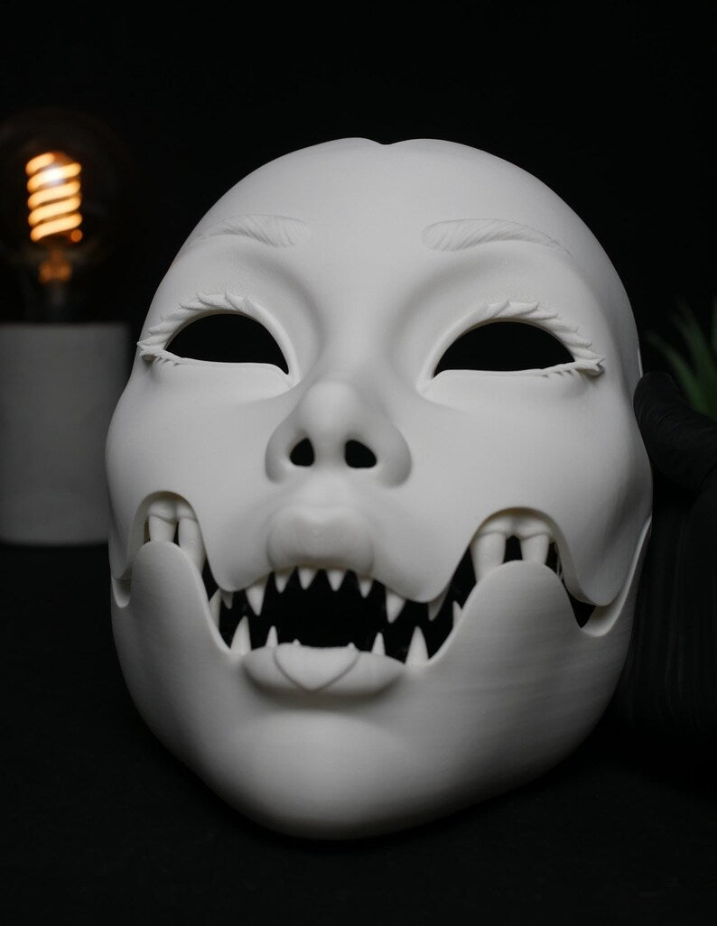 Máscara Cosplay Geisha Articulada - Mandíbula Móvil Teatral y Anime - Estilo Kitsune Noh - Máscara Fantasía Personalizable