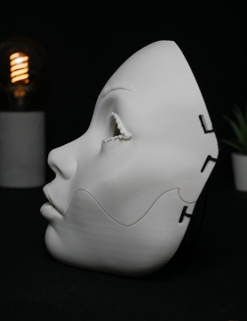 Máscara Cosplay Geisha Articulada - Mandíbula Móvil Teatral y Anime - Estilo Kitsune Noh - Máscara Fantasía Personalizable