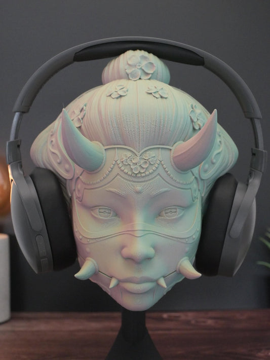 Soporte para auriculares Hannya Girl: organizador de oficina, soporte para auriculares de estudio, color especial, incluye base (montaje en pared opcional) Regalo perfecto.