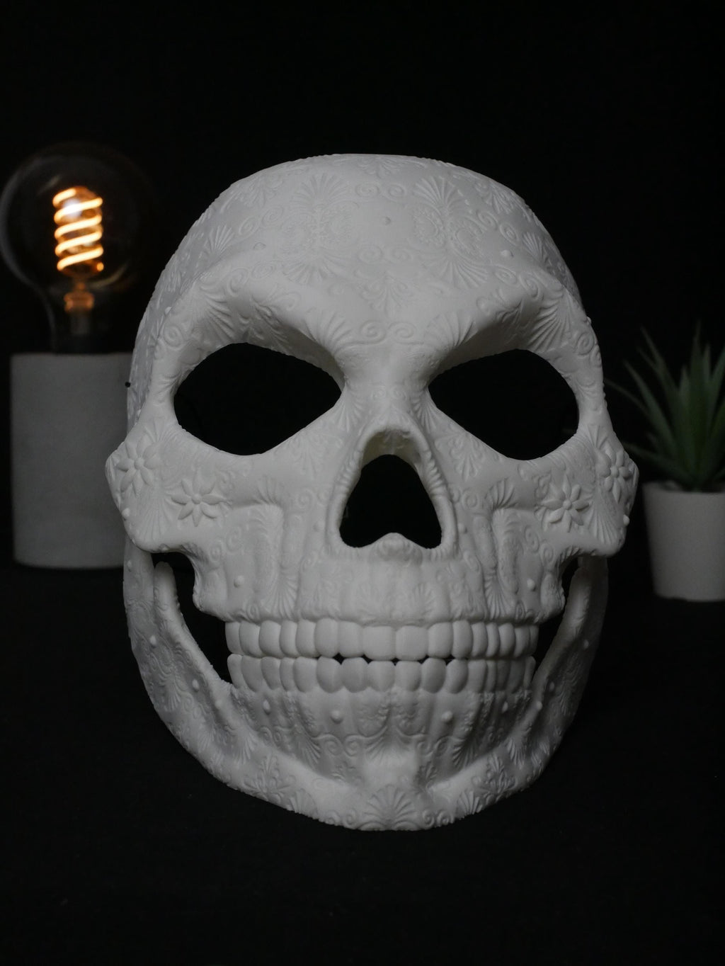 Máscara de calavera de azúcar para pintar, calavera del Día de Muertos, máscara de mascarada floral ornamentada, disfraz de Halloween DIY sin pintar, cabeza de calavera impresa en 3D