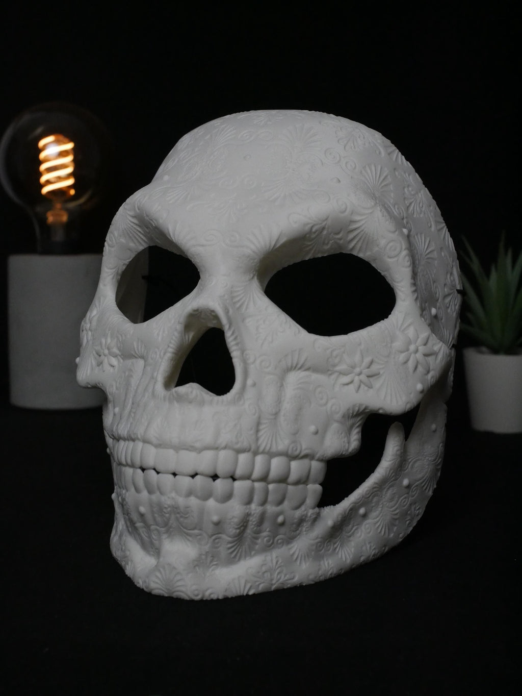 Máscara de calavera de azúcar para pintar, calavera del Día de Muertos, máscara de mascarada floral ornamentada, disfraz de Halloween DIY sin pintar, cabeza de calavera impresa en 3D