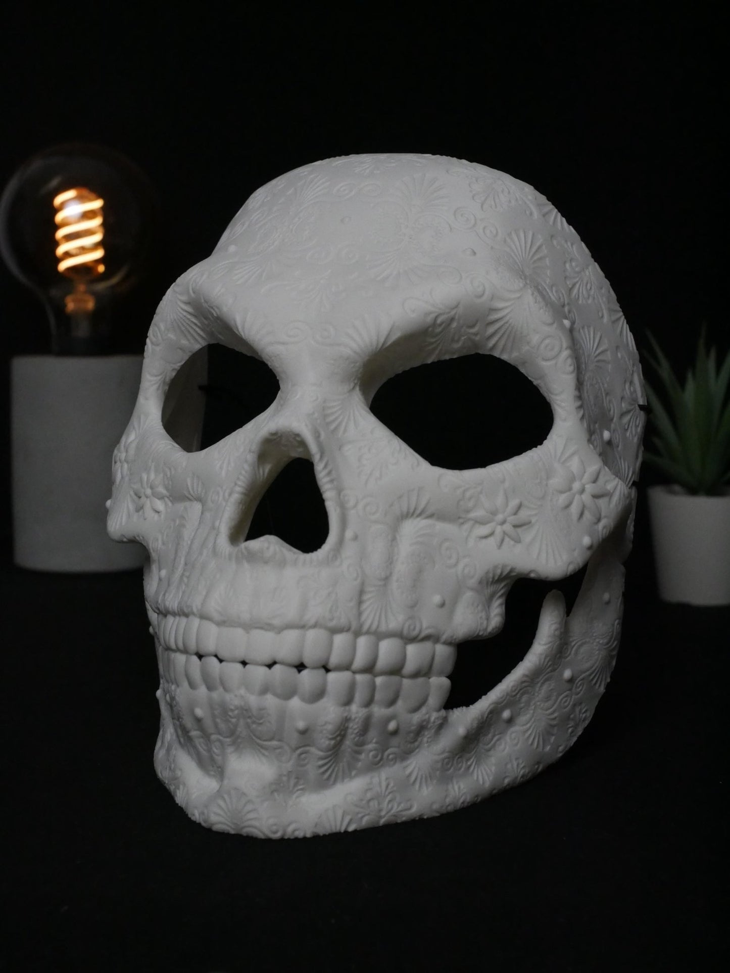 Máscara de calavera de azúcar para pintar, calavera del Día de Muertos, máscara de mascarada floral ornamentada, disfraz de Halloween DIY sin pintar, cabeza de calavera impresa en 3D