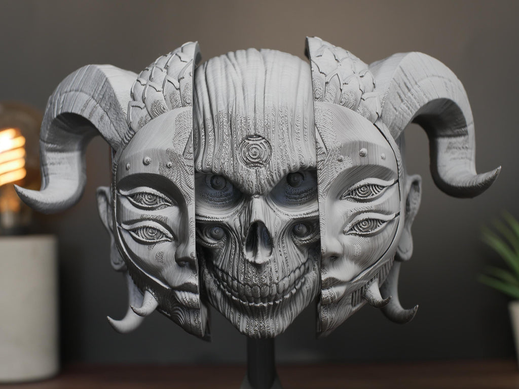 Máscara mortal Hellequin: escultura de pared de diablo medieval impresa en 3D, decoración gótica, máscara de fantasía folclórica para colgar en la pared o soporte incluido.