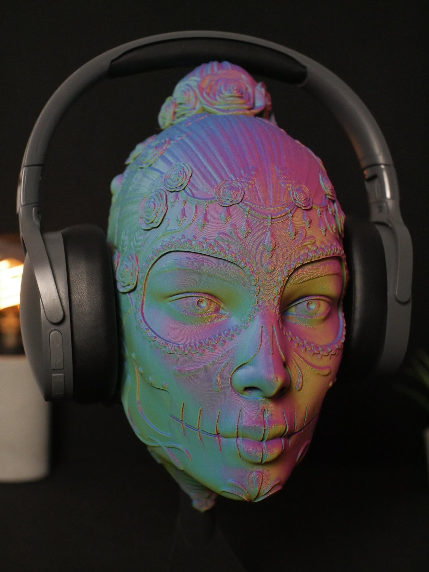 Soporte para auriculares La Catrina: Decoración de escritorio para videojuegos con calavera de azúcar