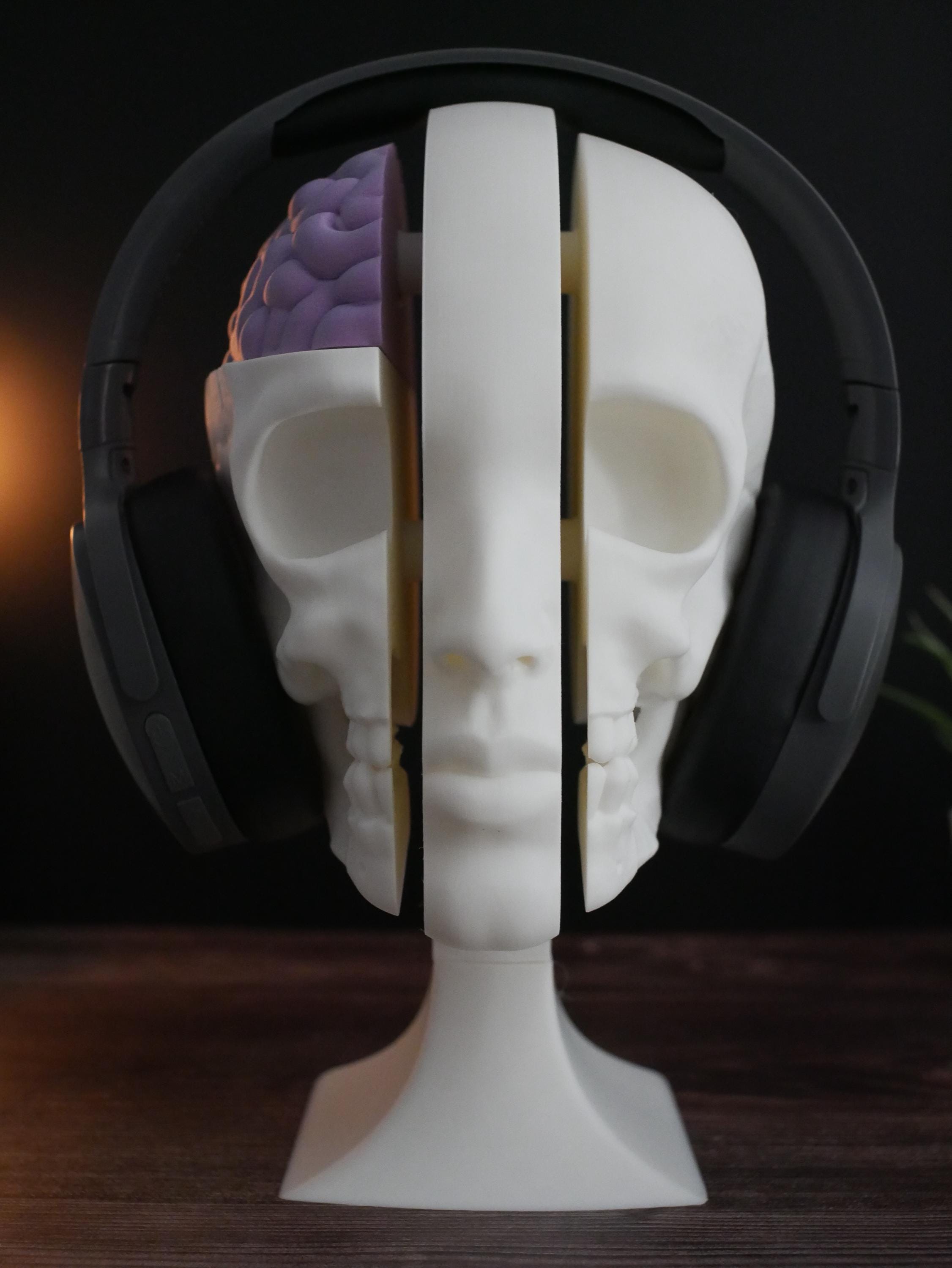 Expositor de calaveras para auriculares: un soporte único para auriculares de gaming, música y coleccionistas. Diseño resistente, elegante y compacto para cualquier configuración.
