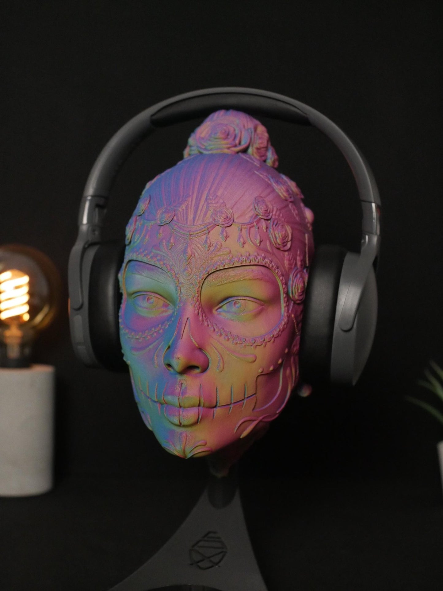 Soporte para auriculares La Catrina: Decoración de escritorio para videojuegos con calavera de azúcar