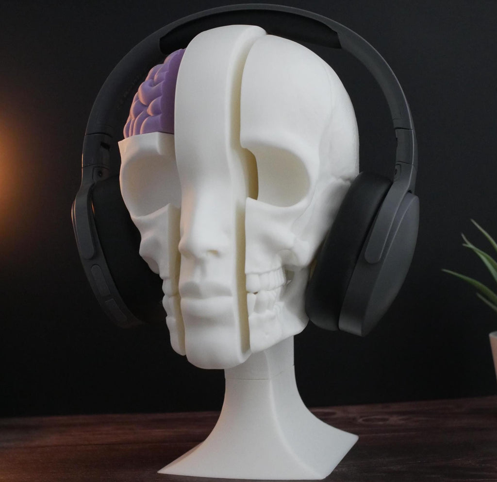 Expositor de calaveras para auriculares: un soporte único para auriculares de gaming, música y coleccionistas. Diseño resistente, elegante y compacto para cualquier configuración.