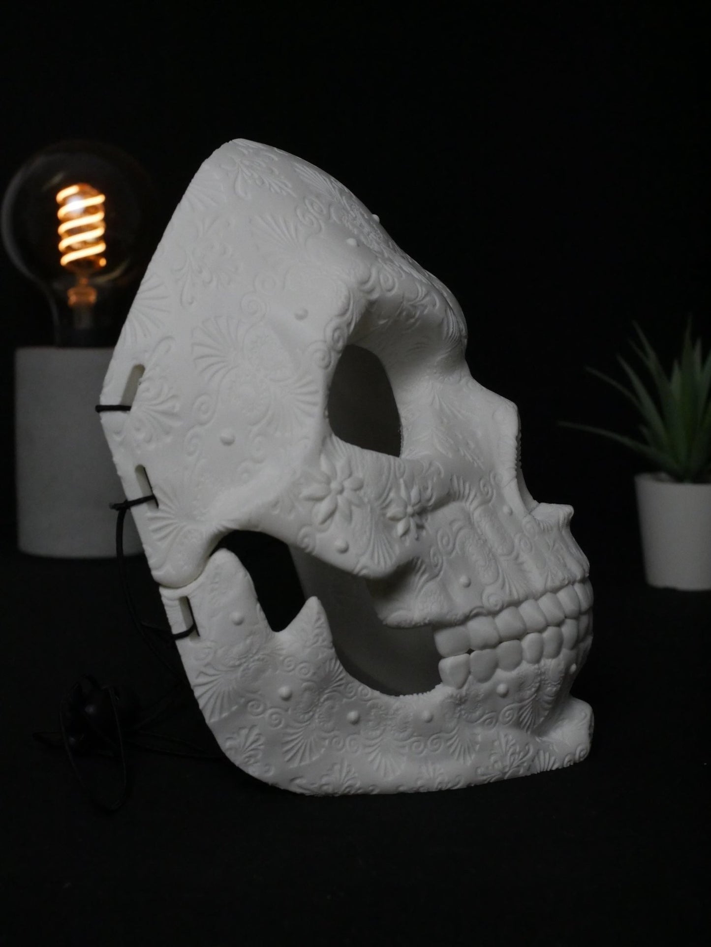 Máscara de calavera de azúcar para pintar, calavera del Día de Muertos, máscara de mascarada floral ornamentada, disfraz de Halloween DIY sin pintar, cabeza de calavera impresa en 3D