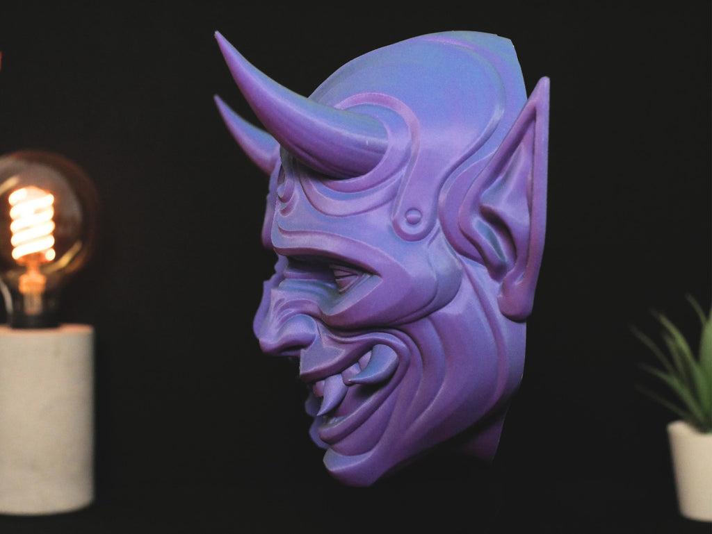 Máscara Oni: Auténtica pieza de arte de demonio japonés Oni para colgar en la pared / Imponente máscara Oni con soporte / Decoración de pared tradicional Oni Samurai.