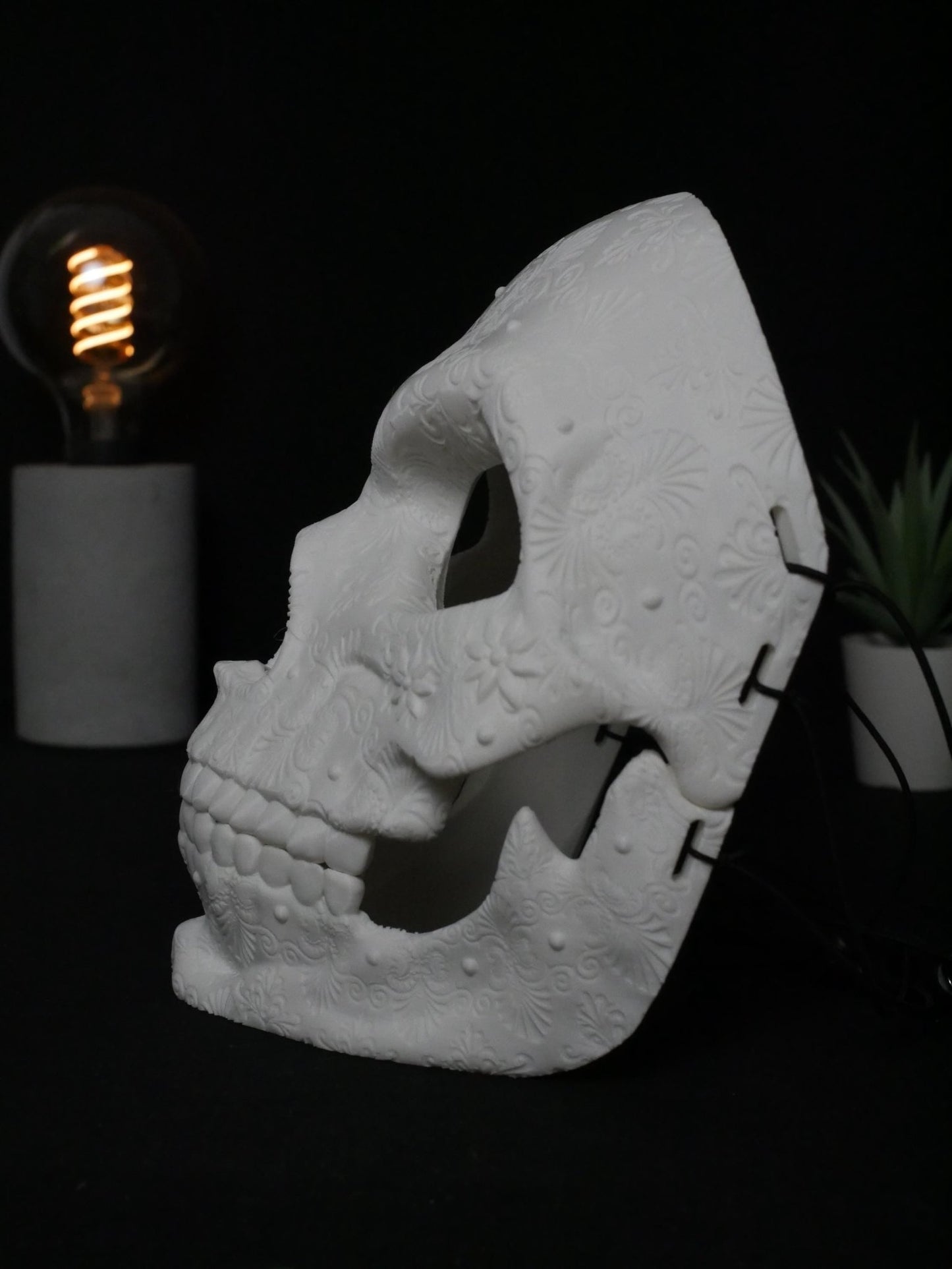 Máscara de calavera de azúcar para pintar, calavera del Día de Muertos, máscara de mascarada floral ornamentada, disfraz de Halloween DIY sin pintar, cabeza de calavera impresa en 3D