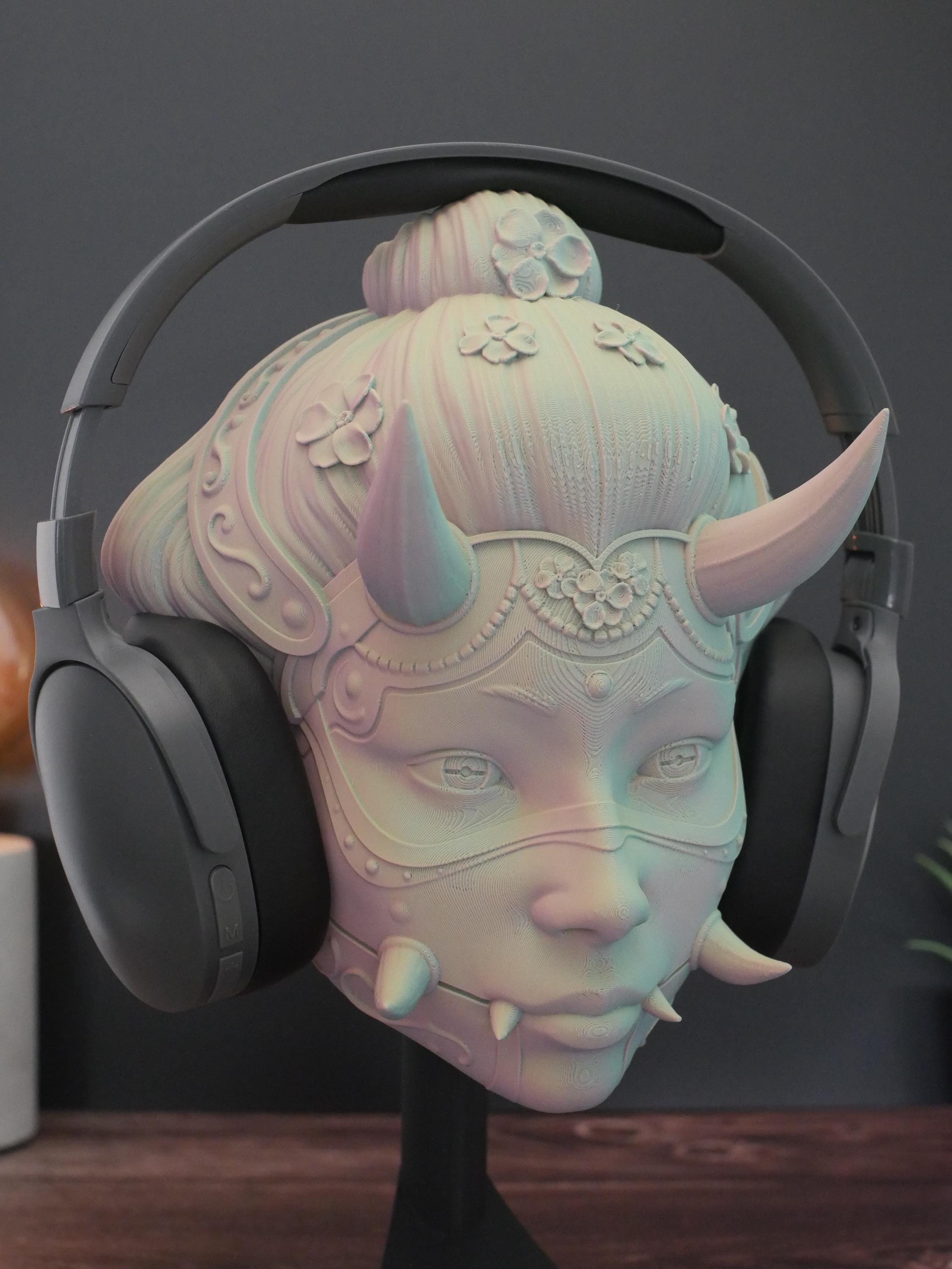 Soporte para auriculares Hannya Girl: organizador de oficina, soporte para auriculares de estudio, color especial, incluye base (montaje en pared opcional) Regalo perfecto.