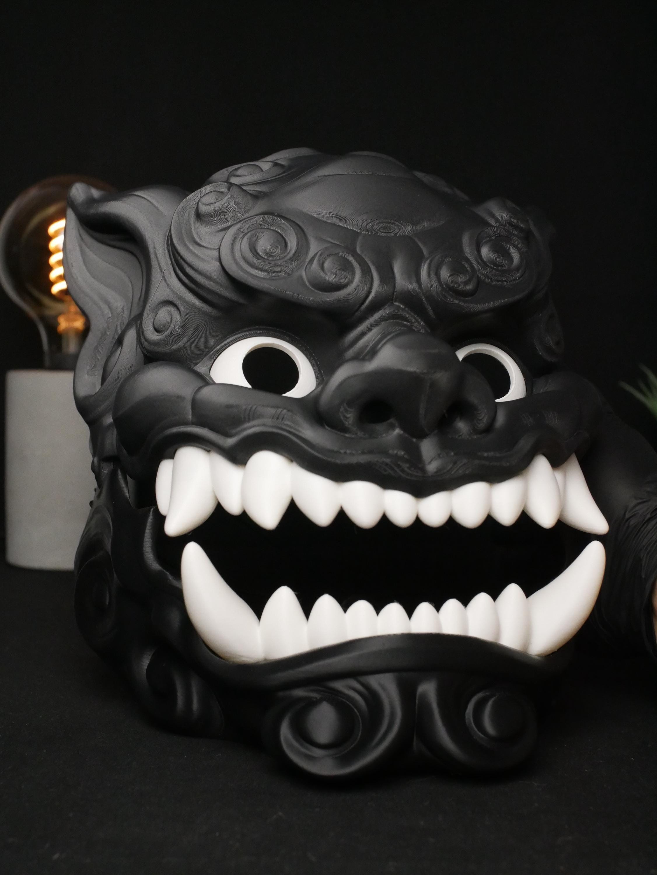 Máscara articulada de perro Foo, mandíbula móvil, color personalizable, oni shisa japonesa, disfraz de Halloween, regalo personalizado