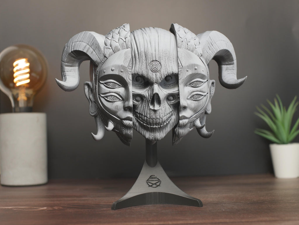 Máscara mortal Hellequin: escultura de pared de diablo medieval impresa en 3D, decoración gótica, máscara de fantasía folclórica para colgar en la pared o soporte incluido.