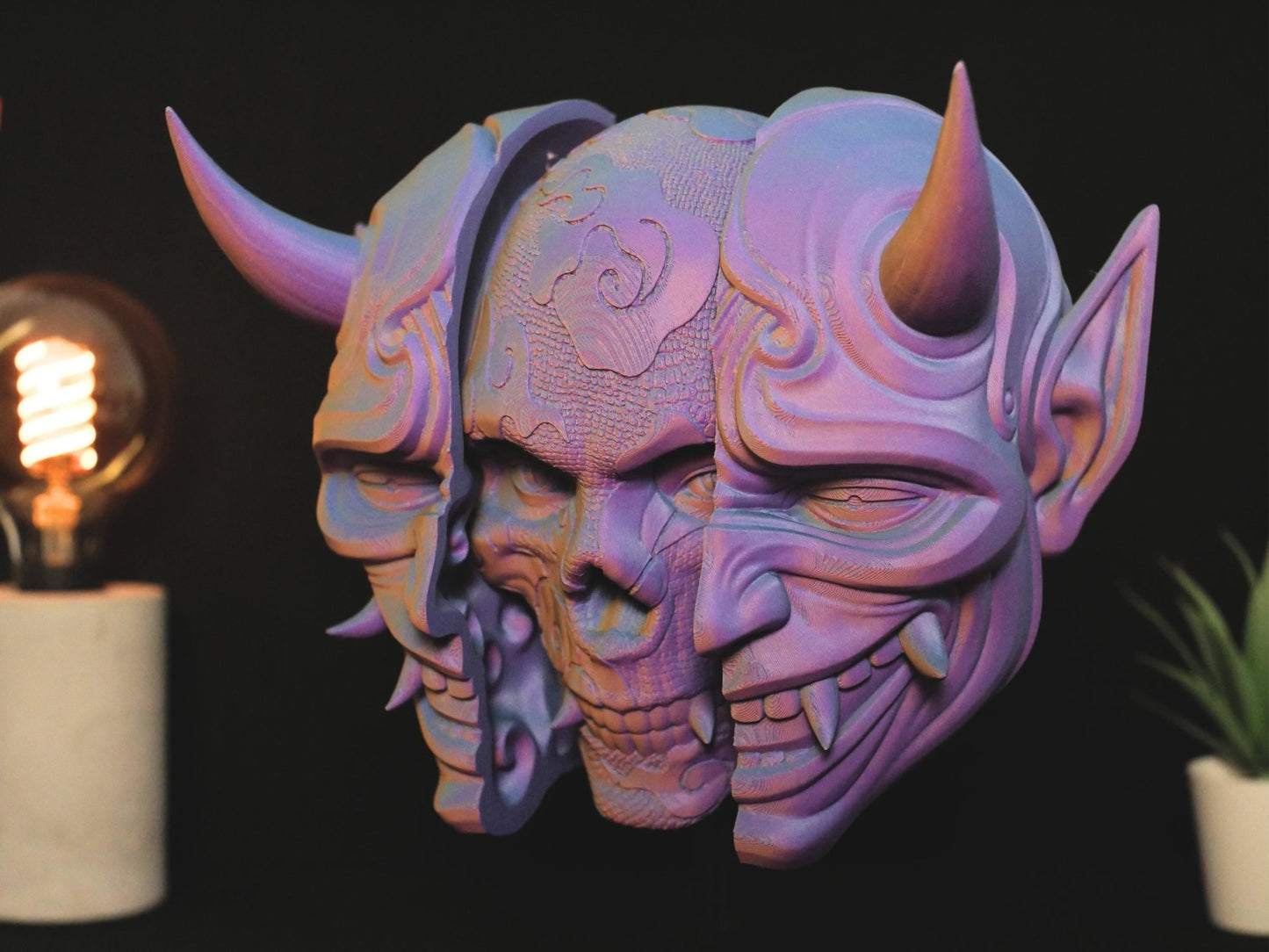 Máscara Oni: Auténtica pieza de arte de demonio japonés Oni para colgar en la pared / Imponente máscara Oni con soporte / Decoración de pared tradicional Oni Samurai.