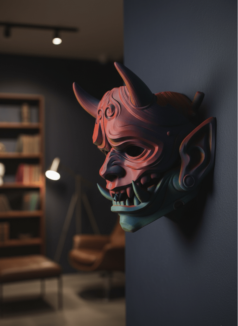 Máscara Oni articulada que revela el rostro de una geisha. Arte mural japonés impreso en 3D y decoración de escritorio con soporte.