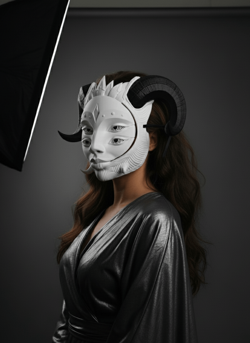 Máscara Hellequin Articulada de Cuatro Ojos con Cuernos para Cosplay y Bailes de Máscaras