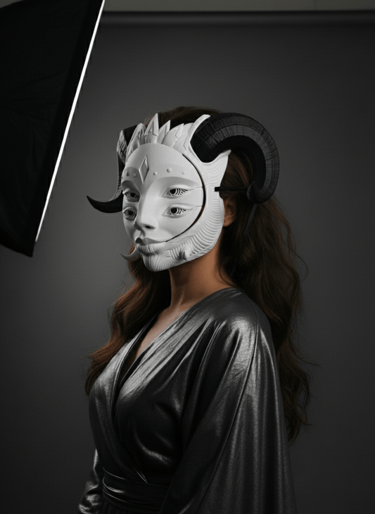 Máscara Hellequin Articulada de Cuatro Ojos con Cuernos para Cosplay y Bailes de Máscaras