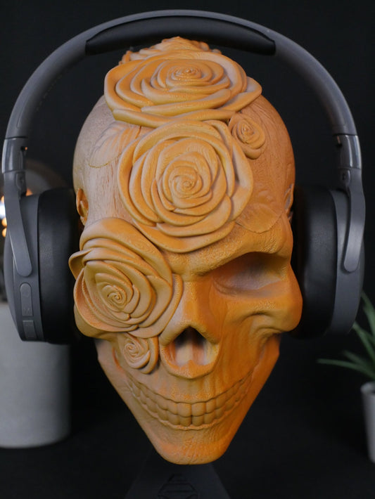 Soporte para cascos gaming forma de calavera con rosas