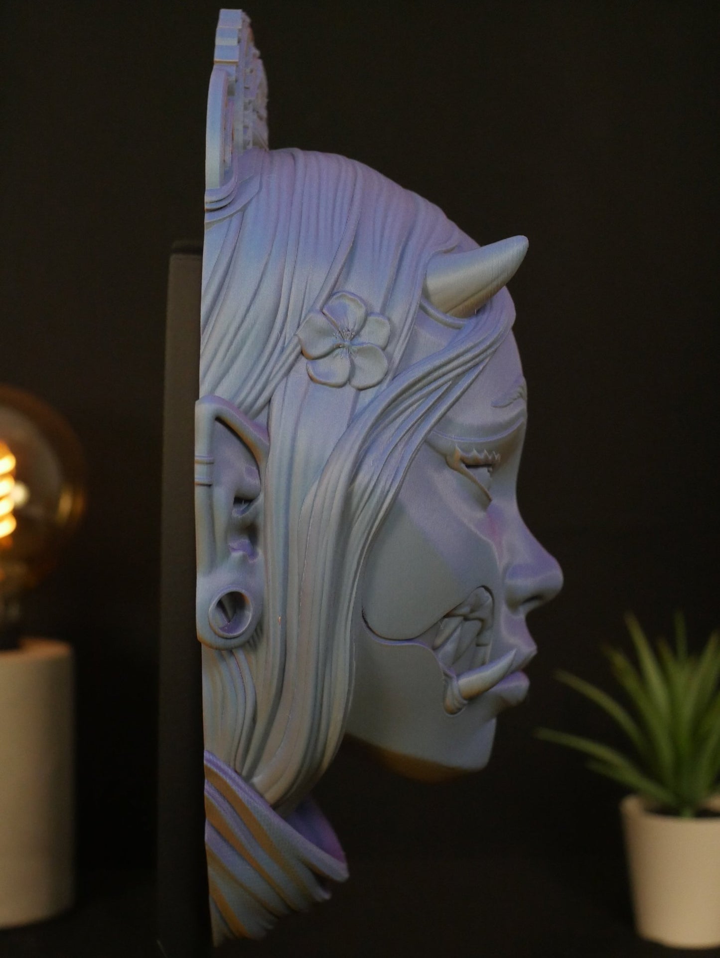 Busto de yokai japonés Kuchisake. Estatua para colgar en la pared o de escritorio. Decoración de demonio oni. Arte de terror gótico.