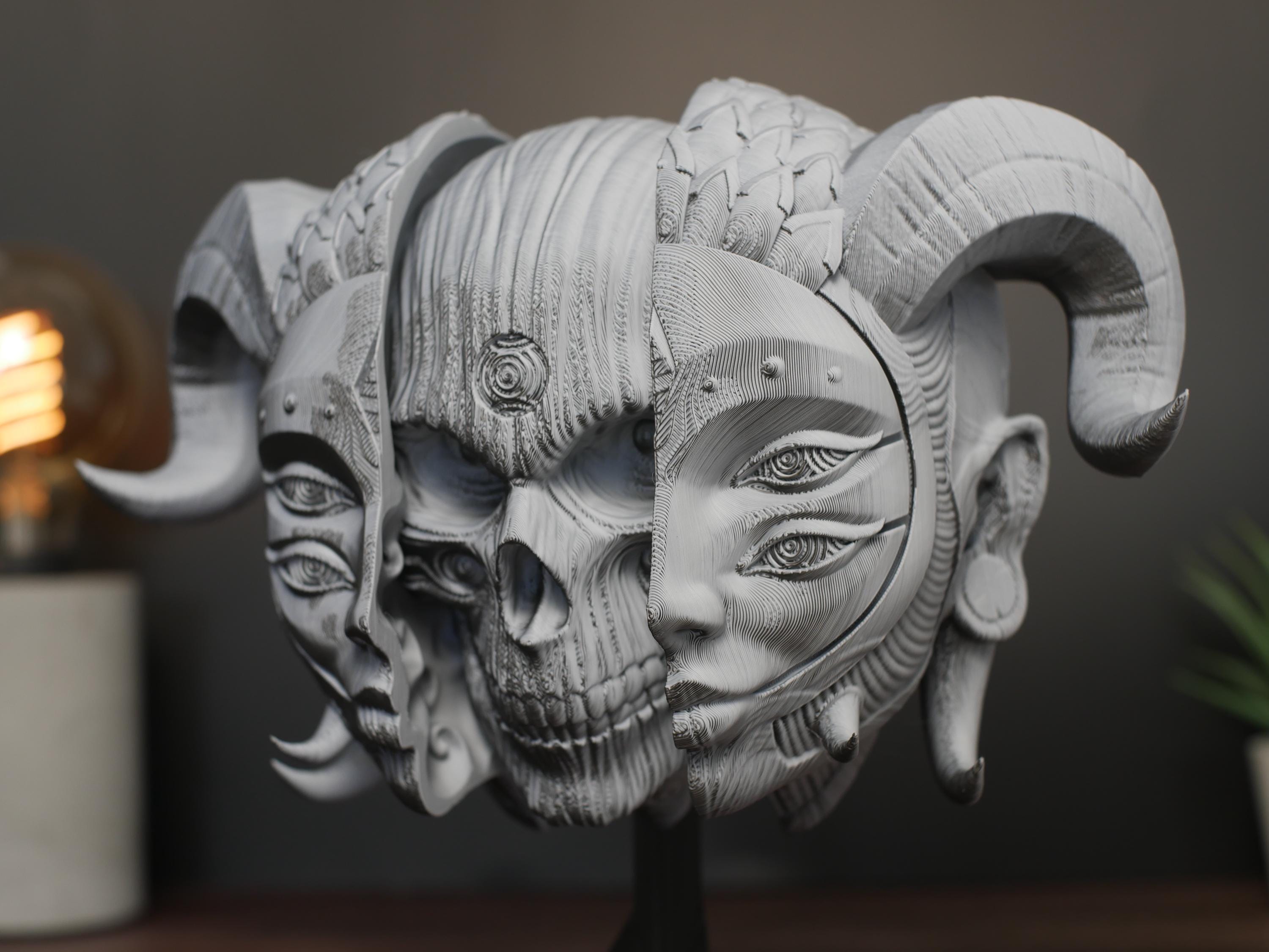 Máscara mortal Hellequin: escultura de pared de diablo medieval impresa en 3D, decoración gótica, máscara de fantasía folclórica para colgar en la pared o soporte incluido.