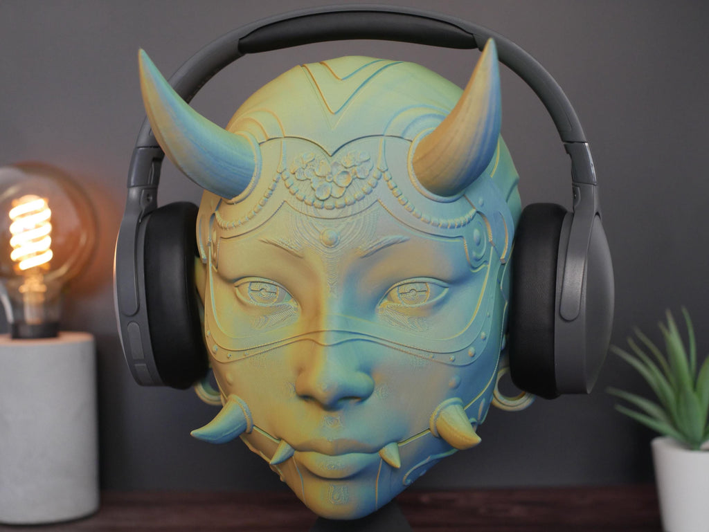 Soporte para auriculares con máscara de Hannya: accesorio de escritorio para gamers