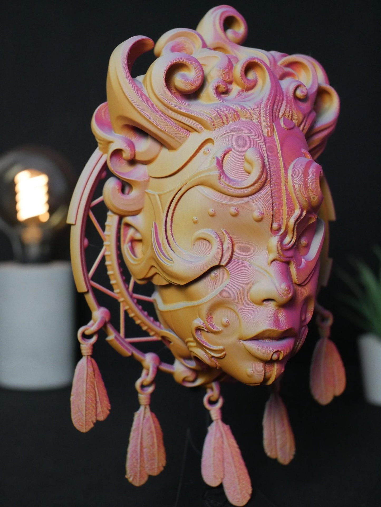 Máscara de atrapasueños impresa en 3D: Arte mural de la diosa celestial