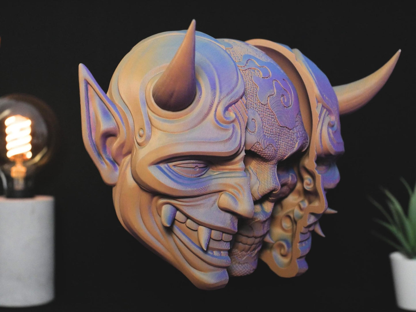 Máscara Oni: Auténtica pieza de arte de demonio japonés Oni para colgar en la pared / Imponente máscara Oni con soporte / Decoración de pared tradicional Oni Samurai.