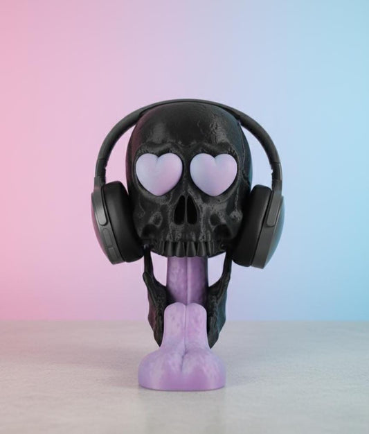 Soporte para auriculares con forma de calavera, decoración de calavera con ojos de corazón, soporte único para auriculares de sala de juegos, regalo de estética alternativa, accesorio de escritorio