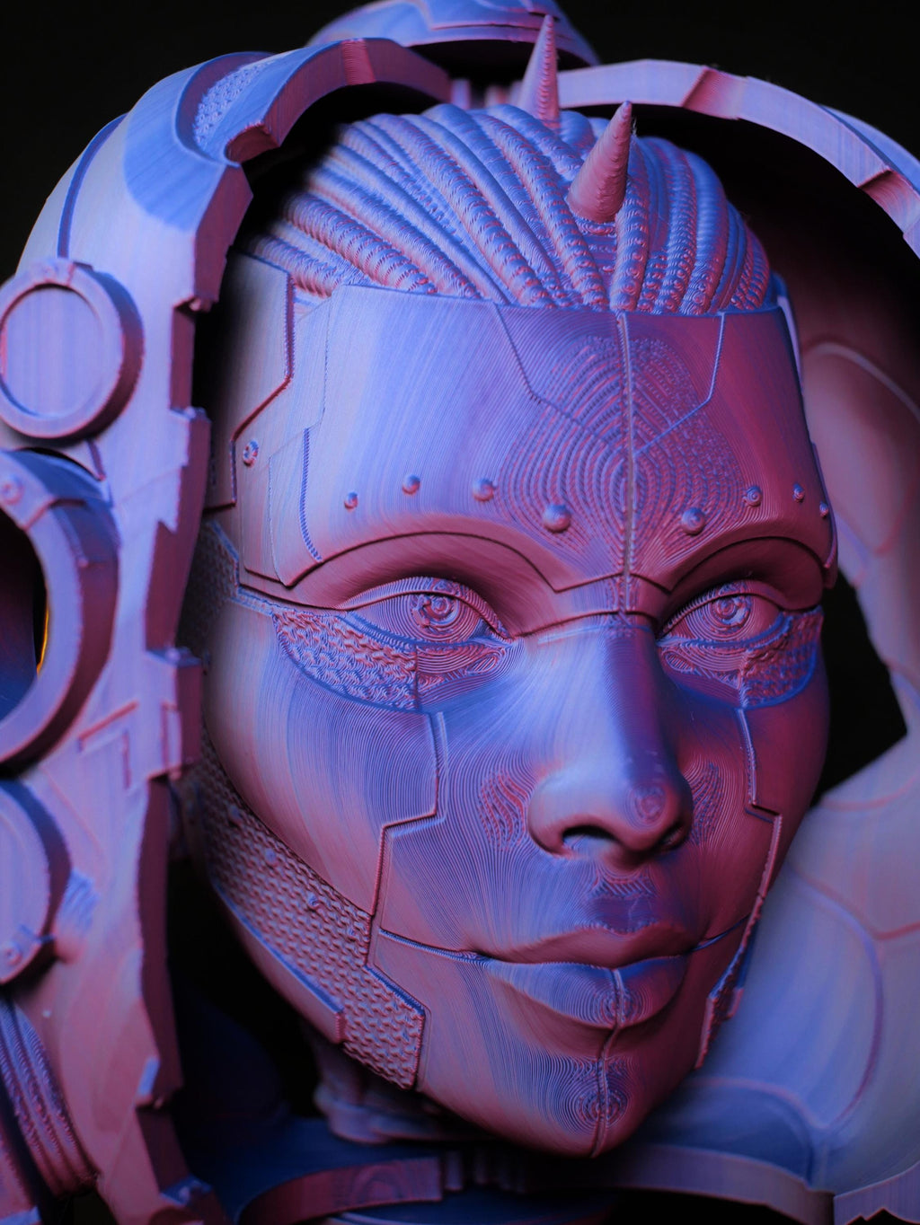 Soporte para auriculares Cyberpunk, busto de cíborg de ciencia ficción. Soporte para auriculares impreso en 3D para gaming. Regalo gamer, decoración de escritorio única.