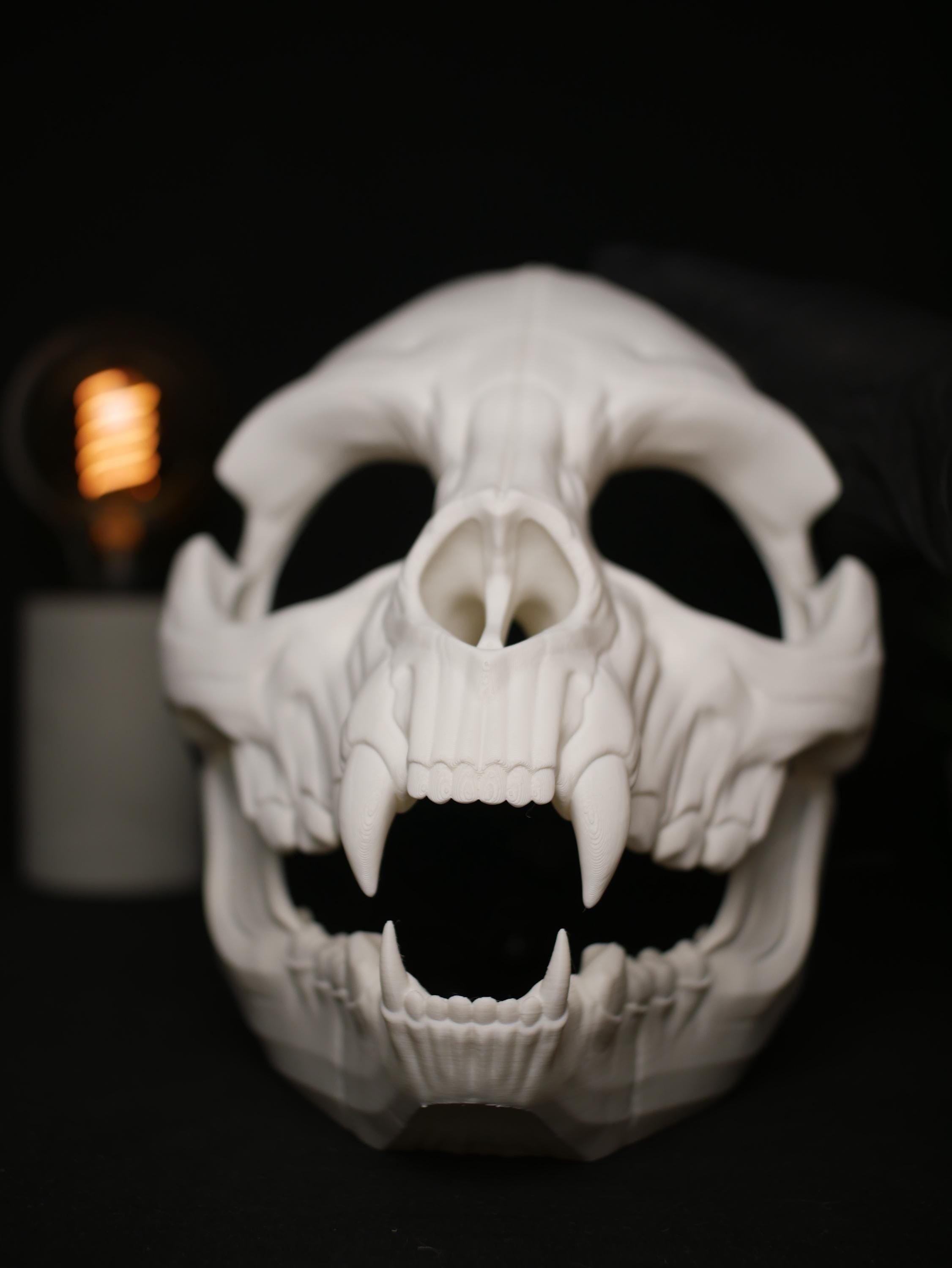 Máscara de calavera felina, mandíbula articulada móvil, gato, dientes de sable, cosplay, base de disfraz, máscara de Therian