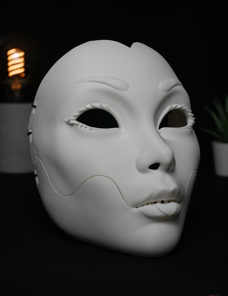 Máscara Cosplay Geisha Articulada - Mandíbula Móvil Teatral y Anime - Estilo Kitsune Noh - Máscara Fantasía Personalizable