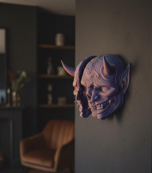 Máscara Oni: Auténtica pieza de arte de demonio japonés Oni para colgar en la pared / Imponente máscara Oni con soporte / Decoración de pared tradicional Oni Samurai.
