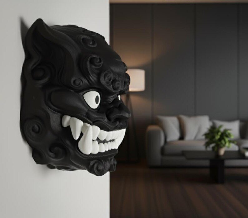 Arte de pared con perro Foo, máscara de perro Fu, león guardián chino, estatua Komainu, decoración asiática para el hogar, arte de pared 3D, regalo personalizable
